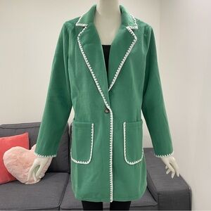 NWT LUVAMIA Fleece Jacket Size Medium Green with White Trim One Button Closure